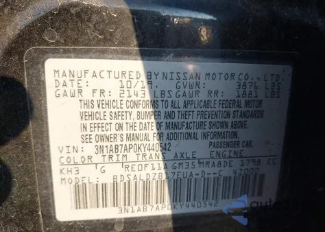 2019 Nissan Sentra Sv from USA, damaged, VIN 3N1AB7AP0KY440542